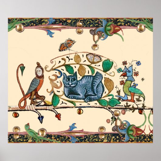 WEIRD MEDIEVAL BESTIARY HUNTER CAT, BIRD, FALCON POSTER (Voorkant)