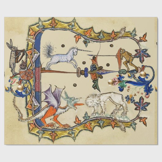 WEIRD MEDIEVAL BESTIARY , UNICORN FIGHTING MONKEY CADEAUPAPIER (Vlak)