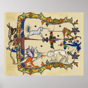 WEIRD MEDIEVAL BESTIARY , UNICORN FIGHTING MONKEY POSTER