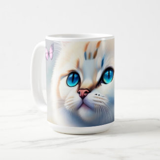 weiße Katze mit blauen Augen Wasserfarbenbild Koffiemok
