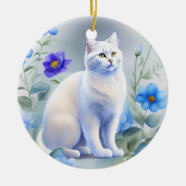 Weiße Katze mit blauen Blumen, Aquarell-Malerei Keramisch Ornament