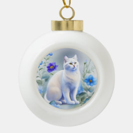Weiße Katze mit blauen Blumen, Aquarell-Malerei Keramische Bal Ornament