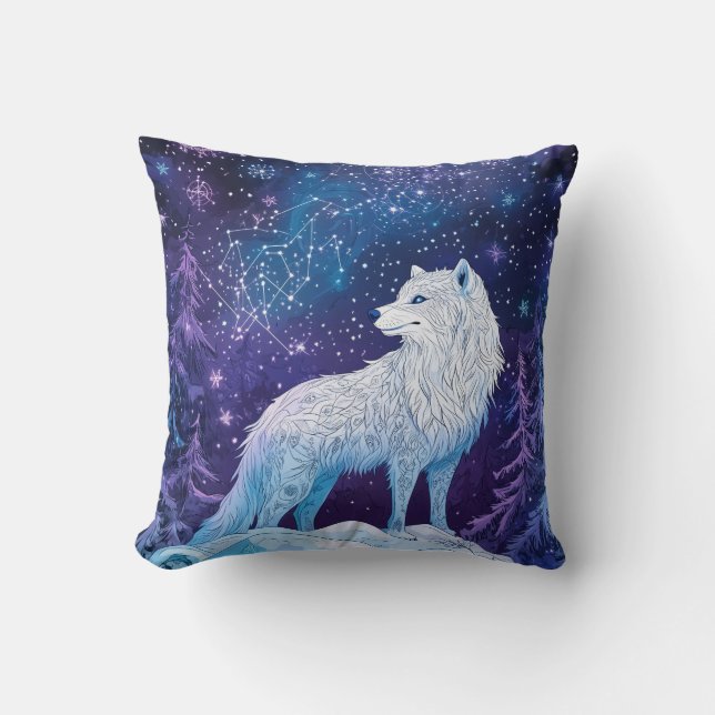 Weißer Wolf im Winter mit magischem Sternenhimmel Kussen (Voorkant)