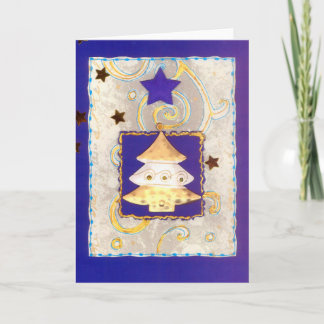 WEISSGOLDENER WEIHNACHTSBAUM auf Blau mit Sternen Feestdagen Kaart