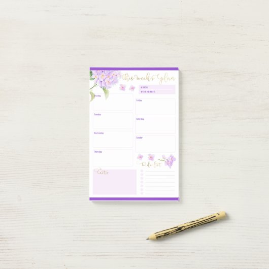 Wekelijkse Planner Paarse Hydrangea Bloem Post-it® Notes (Op bureau)