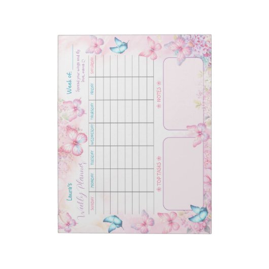 Wekelijkse Planner Vlinder Roze Paarse Bloemen Naa Notitieblok (Gedraaid)