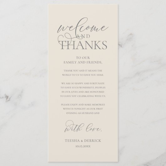 "Welcome and Thanks" Classy Reception Guest Card Programma (Voorkant)