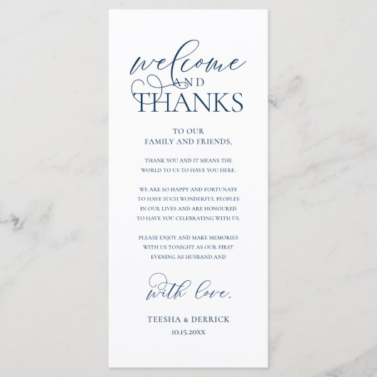 "Welcome and Thanks" Classy Reception Guest Card Programma (Voorkant)