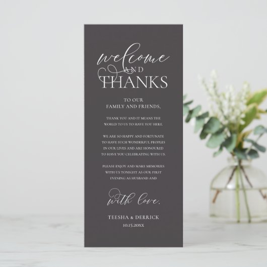 "Welcome and Thanks" Classy Reception Guest Card Programma (Staand voorkant)
