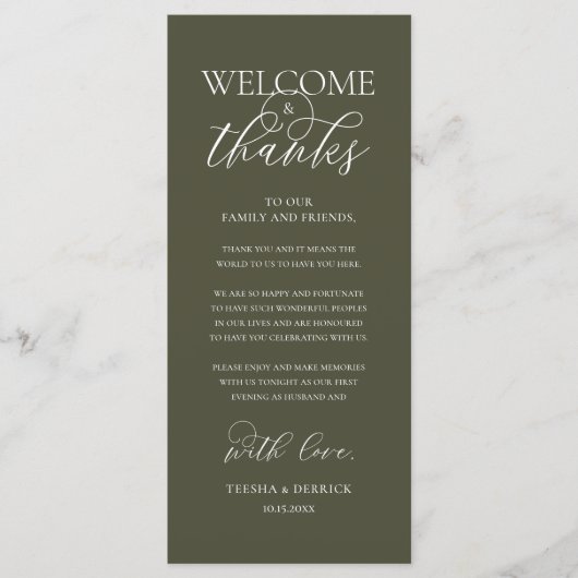 "Welcome and Thanks" Elegant Reception Guest Card Programma (Voorkant)