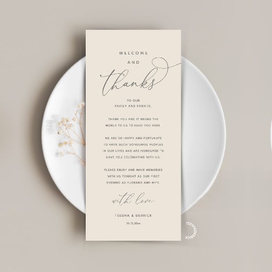 "Welcome and Thanks" Elegant Reception Guest Card Programma