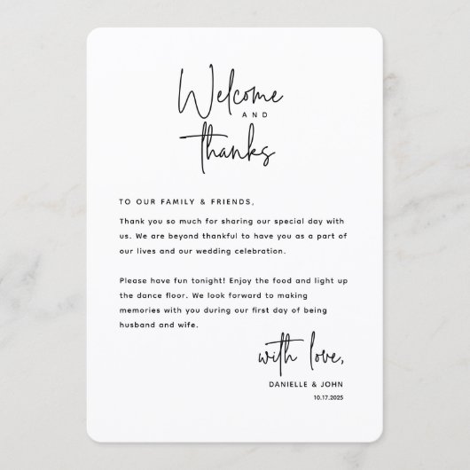 Welcome and Thanks, Place Setting Thank You Card Programma (Voorkant)