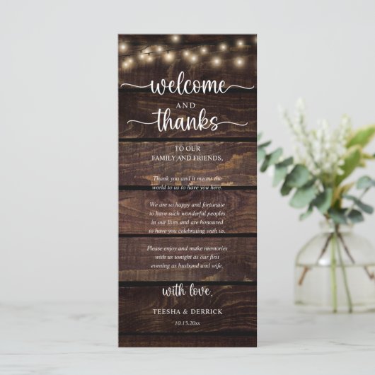 "Welcome and Thanks" Rustic Reception Guest Card Programma (Staand voorkant)
