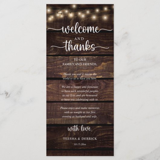 "Welcome and Thanks" Rustic Reception Guest Card Programma (Voorkant)