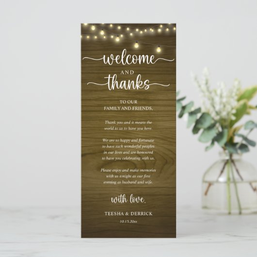 "Welcome and Thanks" Rustic Reception Guest Card Programma (Staand voorkant)