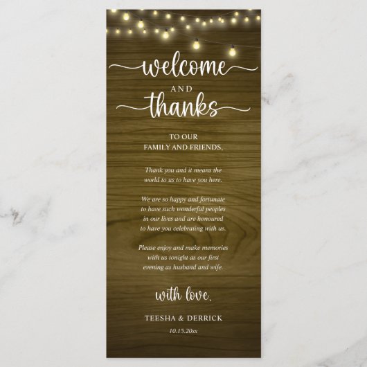 "Welcome and Thanks" Rustic Reception Guest Card Programma (Voorkant)