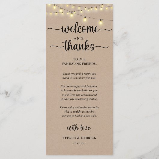 "Welcome and Thanks" Rustic Reception Guest Card Programma (Voorkant)