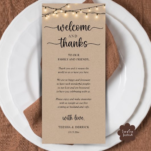 "Welcome and Thanks" Rustic Reception Guest Card Programma