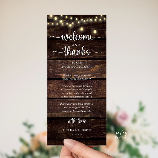 "Welcome and Thanks" Rustic Reception Guest Card Programma