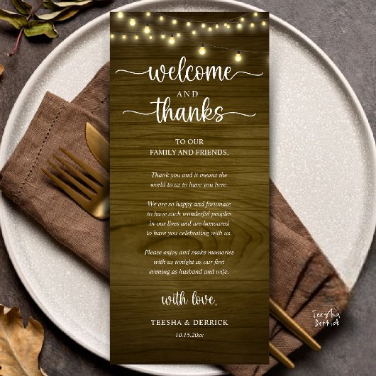 "Welcome and Thanks" Rustic Reception Guest Card Programma