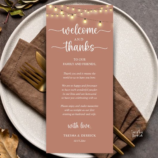 "Welcome and Thanks" Rustic Reception Guest Card Programma