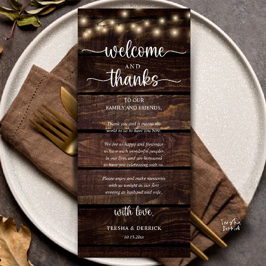 "Welcome and Thanks" Rustic Reception Guest Card Programma