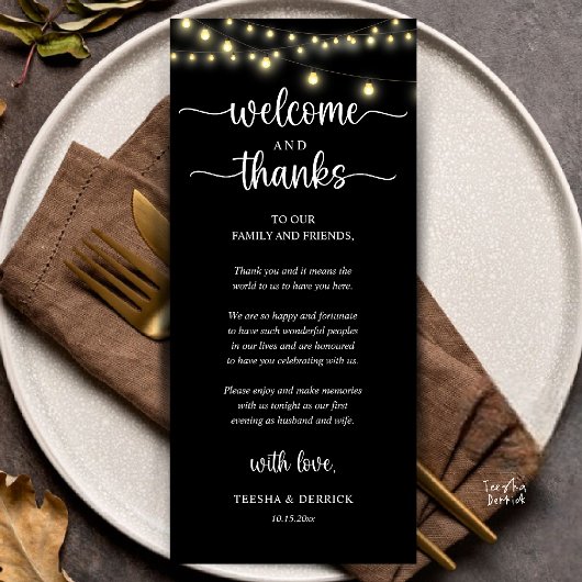 "Welcome and Thanks" Rustic Reception Guest Card Programma