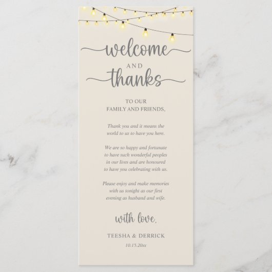 "Welcome and Thanks" Rustic Reception Guest Card Programma (Voorkant)