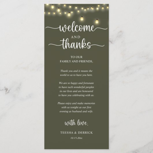 "Welcome and Thanks" Rustic Reception Guest Card Programma (Voorkant)