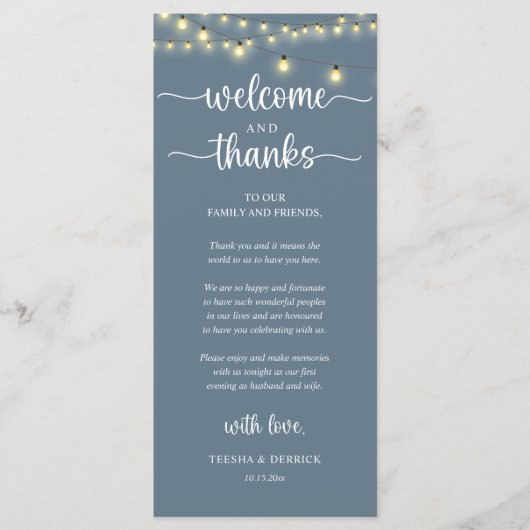 "Welcome and Thanks" Rustic Reception Guest Card Programma (Voorkant)