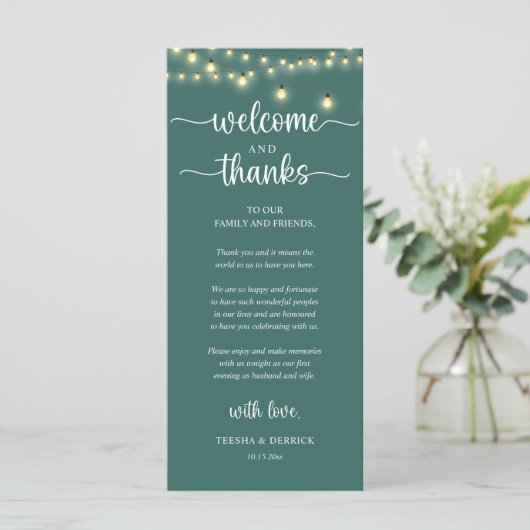 "Welcome and Thanks" Rustic Reception Guest Card Programma (Staand voorkant)