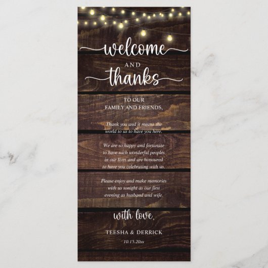"Welcome and Thanks" Rustic Reception Guest Card Programma (Voorkant)