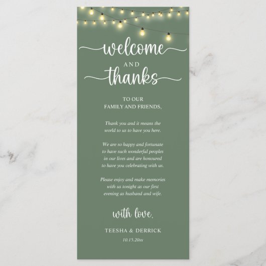 "Welcome and Thanks" Rustic Reception Guest Card Programma (Voorkant)