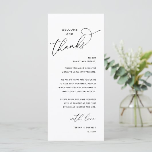 Welcome and Thanks, Wedding Dinner Thank You Card Programma (Staand voorkant)