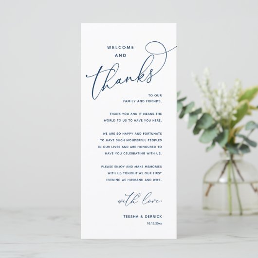 Welcome and Thanks, Wedding Dinner Thank You Card Programma (Staand voorkant)