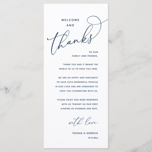 Welcome and Thanks, Wedding Dinner Thank You Card Programma (Voorkant)