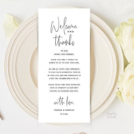 Welcome and Thanks, Wedding Dinner Thank You Card Programma