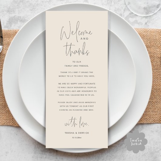 Welcome and Thanks, Wedding Dinner Thank You Card Programma