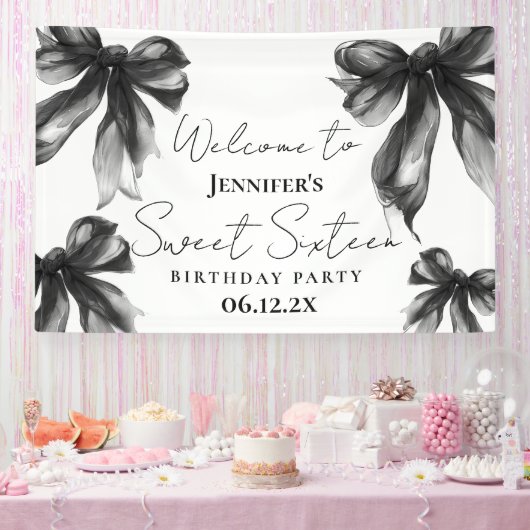 Welcome Black Bow Coquette Script Sweet 16 Spandoek (Feest)