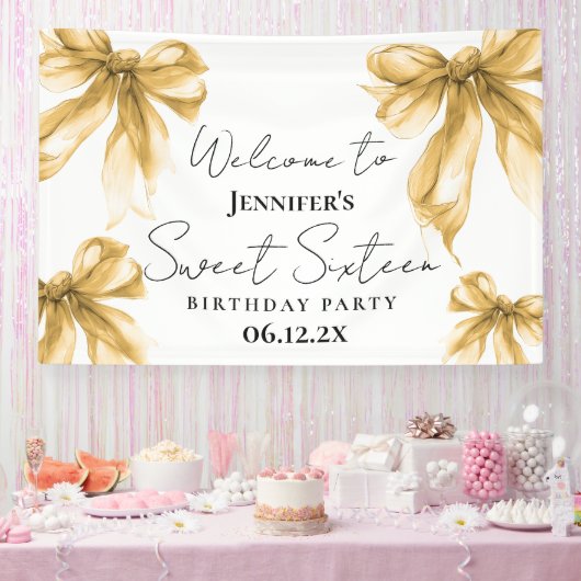 Welcome Gold Bow Coquette Script Sweet 16 Spandoek (Feest)