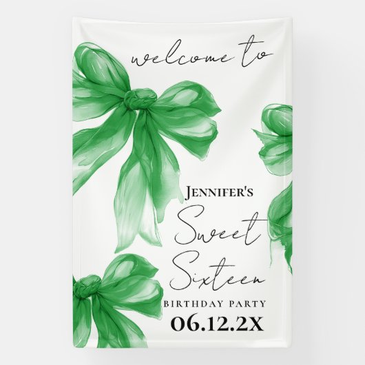 Welcome Green Bow Coquette Script Sweet 16 Spandoek (Verticaal)