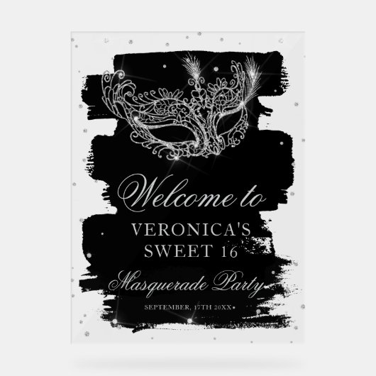 Welcome Masquerade black silver glitter Sweet 16 Acryl Bord (Voorkant)