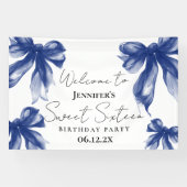 Welcome Navy Blue Bow Coquette Script Sweet 16  Spandoek (Horizontaal)