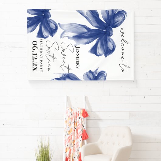 Welcome Navy Bow Coquette Script Sweet 16  Spandoek (Insitu)