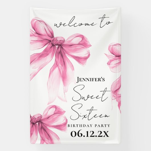 Welcome Pink Bow Coquette Script Sweet 16 Party Spandoek (Verticaal)