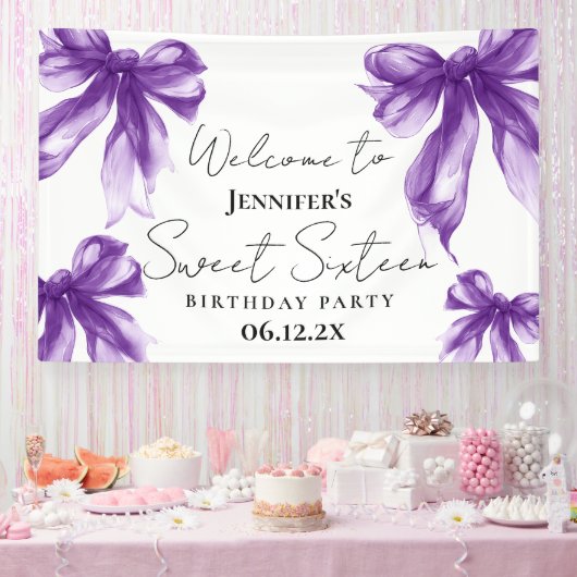 Welcome Purple Bow Coquette Script Sweet 16 Spandoek (Feest)