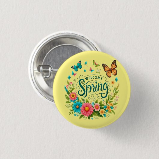 Welcome spring floral  ronde button 3,2 cm (Voorkant /achterkant)