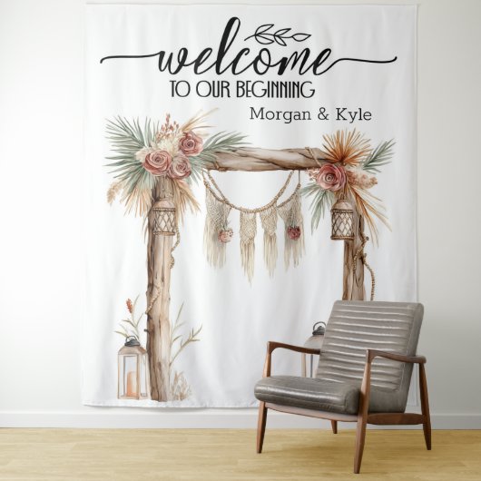Welcome to Our Beginning – Rustic Wedding Backdrop Wandkleed (In situ)