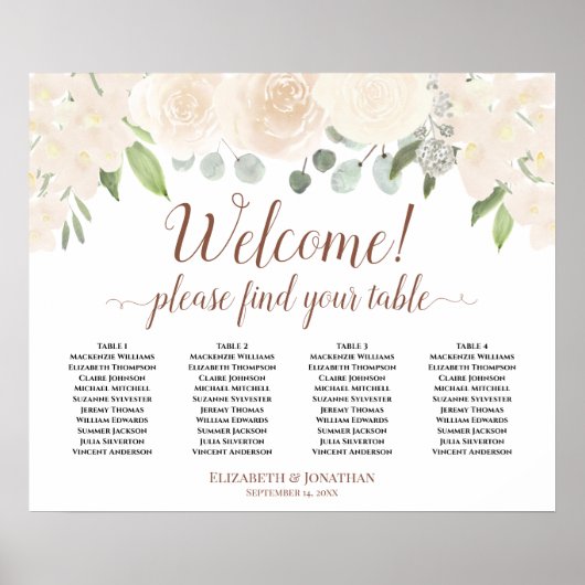Welkom! 4 Tabel Blush Peach Floral Seating Chart Poster (Voorkant)