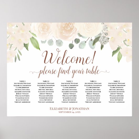 Welkom! 5 Tabel Blush Peach Floral Seating Chart Poster (Voorkant)